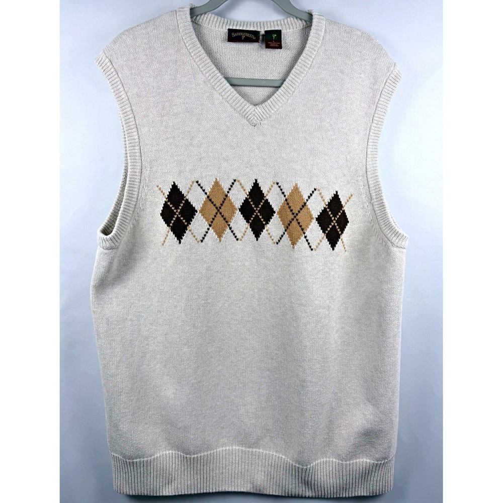 Saddlebred Mens L Argyle V-Neck Sweater Vest Cotton Knit Lightweight Beige